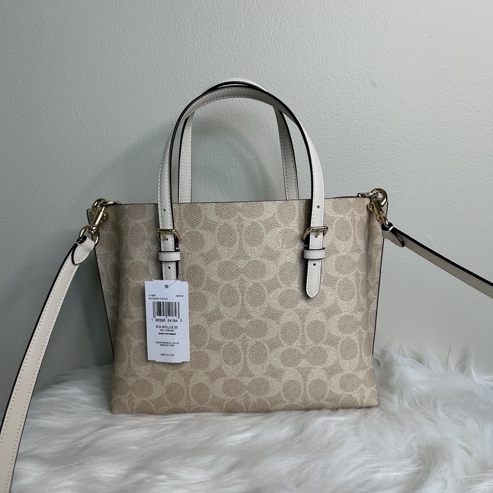 Coach Mollie Tote 25 Sand Chalk Signature Canvas Leather Bag NEW - Picture 2 of 13